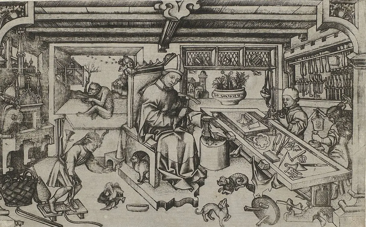 A medieval engraving of a goldsmith’s workshop: a master at his bench, assistants working at a long table, tools on the wall.