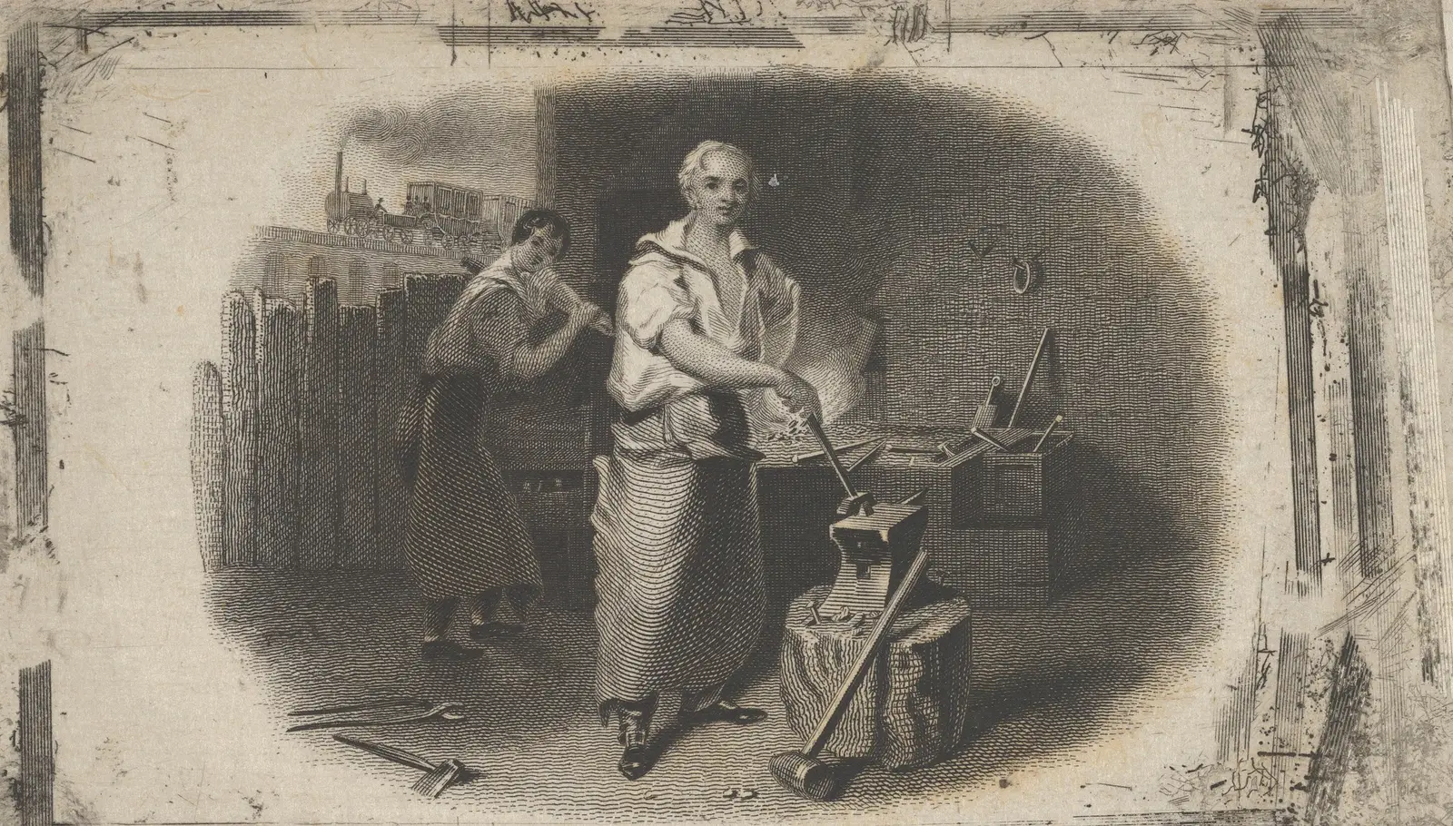 An engraved banknote vignette: a blacksmith at an anvil in a forge, a second worker behind him.
